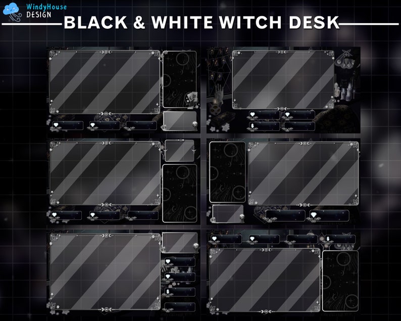 May include: A digital design featuring a black and white witch desk layout. The design includes multiple panels with diagonal stripes, decorative elements, and the text "BLACK & WHITE WITCH DESK". The overall aesthetic is dark and mystical.