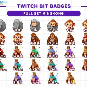 May include: A set of 18 Twitch bit badges featuring a cartoon monkey in various poses and outfits. The badges represent different bit milestones, starting with 1 bit and increasing to 5 million bits. The badges are designed in a colorful and playful style.