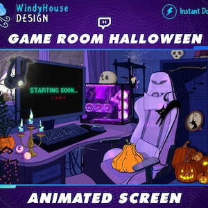 Animated Twitch Overlays Halloween PC Room Screen, PC Setup Room, Streamers Room, Cozy Purple Light Room, Gaming PC Room Scenes