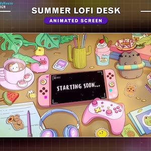 Animated Twitch Screens Summer Desk, Animated Stream Screens Cozy Lofi Desk for Streamer Vtuber Background