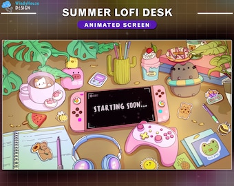 Animated Twitch Screens Summer Desk, Animated Stream Screens Cozy Lofi Desk for Streamer Vtuber Background
