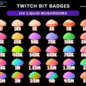 30x Liquid Mushrooms Twitch Bit Badges / Mushroom Twitch Sub Badges / Complete Twitch Bit Badges/ Twitch Tier Badges / Number Bit Badges