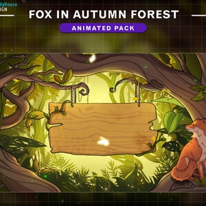 May include: A cartoon fox sits on a branch in an autumn forest. The fox is orange and white with a bushy tail. A wooden sign hangs from a branch above the fox. The sign is blank and has a rope attached to it. The forest is filled with green and yellow leaves. The background is a blurry image of a forest.