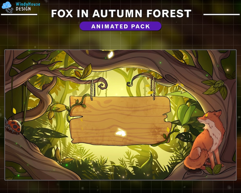 May include: A cartoon fox sits on a branch in an autumn forest. The fox is orange and white with a bushy tail. A wooden sign hangs from a branch above the fox. The sign is blank and has a rope attached to it. The forest is filled with green and yellow leaves. The background is a blurry image of a forest.