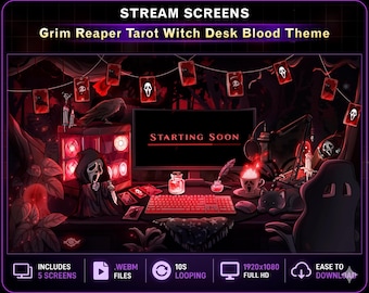 5x Animated Grim Reaper Tarot Card Spooky Blood Forest Twitch Screens, Cute Ghost Spirit Witch Desk Stream Overlays for OBS Streamer Vtuber