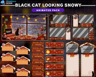 Animated Christmas Stream Package Black Cat Looking Snowy, Cozy Room Winter Xmas Twitch Overlay with Christmas Tree, Candles...