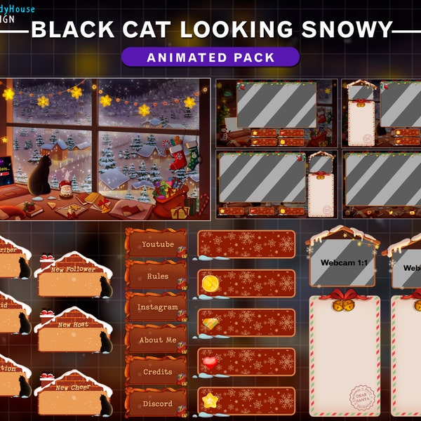 Animiertes Weihnachtsstrom-Paket Schwarze Katze, die verschneit aussieht, gemütlicher Raum Winter Xmas Twitch Overlay mit Weihnachtsbaum, Kerzen ...