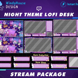 Tema notturno animato Pacchetto streaming Lofi Desk Twitch Overlay, Overlay Twitch accogliente, Overlay flusso Lofi viola per streamer, Youtuber