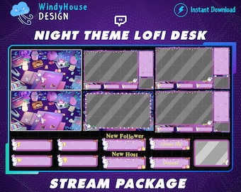Paquete de transmisión de superposición de Twitch de escritorio Lofi de tema nocturno animado, superposición de Twitch acogedora, superposición de transmisión de Lofi púrpura para Streamer, Youtuber