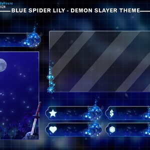 Puede incluir: Un dise&ntilde;o de superposici&oacute;n digital con un tema azul y negro. El dise&ntilde;o incluye un gran rect&aacute;ngulo transparente, una escena iluminada por la luna con una espada y varios elementos decorativos. El texto en la parte superior dice "Blue Spider Lily - Demon Slayer Theme."