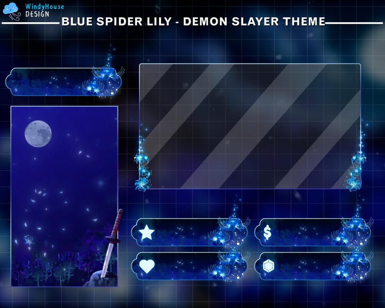 Puede incluir: Un dise&ntilde;o de superposici&oacute;n digital con un tema azul y negro. El dise&ntilde;o incluye un gran rect&aacute;ngulo transparente, una escena iluminada por la luna con una espada y varios elementos decorativos. El texto en la parte superior dice "Blue Spider Lily - Demon Slayer Theme."