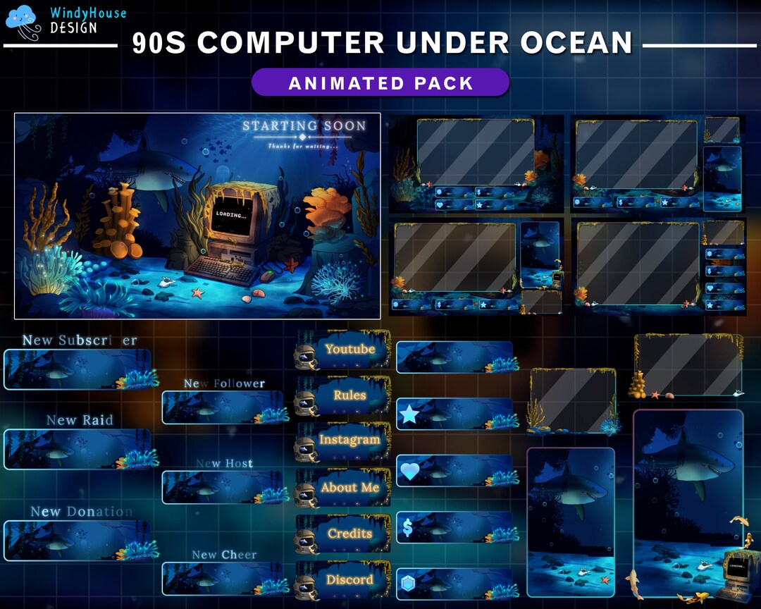 Animated Stream Package 90s Computer Under Ocean, Ocean Twitch Overlay ...