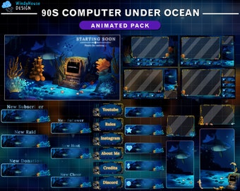 Paquete de transmisión animada de computadora de los 90 bajo el océano, superposición de contracción del océano con tiburones, corales, algas, caracoles, almejas...