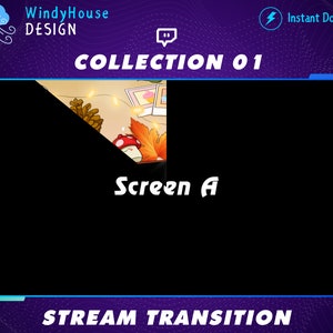 Puede incluir: Una pantalla negra con el texto "Screen A" en blanco. La pantalla forma parte de una animaci&oacute;n de transici&oacute;n de transmisi&oacute;n con un fondo de oto&ntilde;o. El texto "COLLECTION 01" est&aacute; en la parte superior de la imagen.