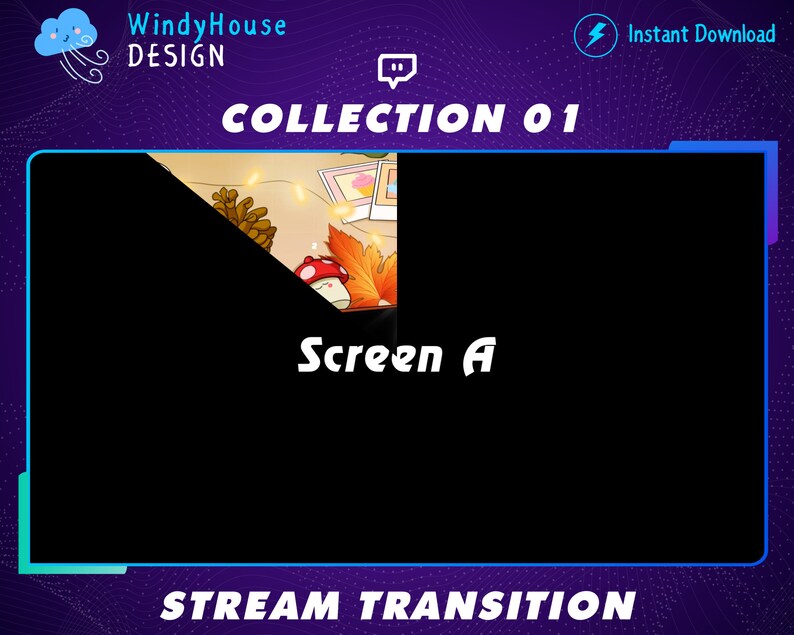Puede incluir: Una pantalla negra con el texto "Screen A" en blanco. La pantalla forma parte de una animaci&oacute;n de transici&oacute;n de transmisi&oacute;n con un fondo de oto&ntilde;o. El texto "COLLECTION 01" est&aacute; en la parte superior de la imagen.