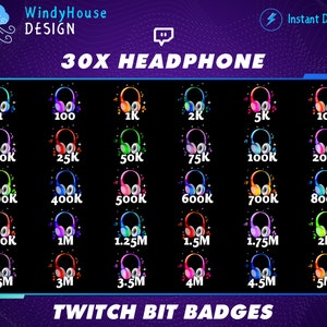 30x Headphone Twitch Bit Badges, Cute Bit Badges Set, Twitch Tier Badges For Streamers/Discord