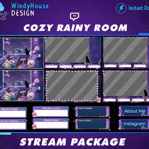 Pacchetto Streaming Streaming Cosy Rainy Room animato / Sovrapposizione di Twitch di scene di città notturne con Black Cat per streamer e sfondo Vtuber