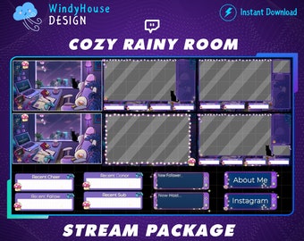 Animated Cozy Rainy Room Stream Package | Night City Scene Twitch Overlay with Black Cat for streamer & Vtuber background