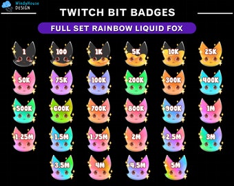 May include: A set of 20 Twitch bit badges featuring a rainbow liquid fox design. The badges are numbered from 1 to 5 million in increments of 50,000.