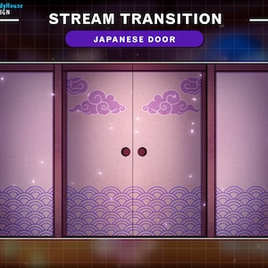 May include: A purple Japanese-style door with a wave pattern at the bottom and cloud designs on the top. The door is closed and has two round door knobs. The door is set against a dark background.