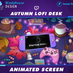 Animiertes Herbst Gemütliches Twitch Stream Screen Dark Theme, Retro Lofi Ästhetischer Schreibtisch, Ipad Gamer, Ahornblatt, Kürbis, Pilz, Süßigkeiten, Halloween