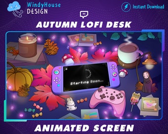 Animated Autumn Cozy Twitch Stream Screen Dark Theme, Retro Lofi Aesthetic Desk, Ipad Gamer, Maple Leaf, Pumpkin, Mushroom, Candy, Halloween