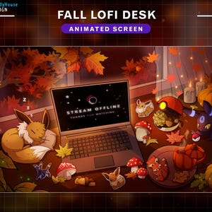 May include: A fall-themed lofi desk setup with a laptop displaying a "Stream Offline" message. The desk is decorated with autumn leaves, pumpkins, and Pokemon characters.