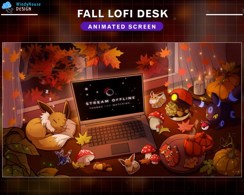 May include: A fall-themed lofi desk setup with a laptop displaying a "Stream Offline" message. The desk is decorated with autumn leaves, pumpkins, and Pokemon characters.