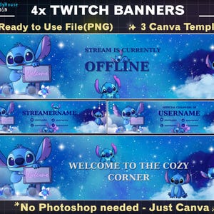 4x Cute  Stitch Banner Twitch , Banner for Twitch, Youtube, and Discord, Editable Canva Template, Graphics For Streamers