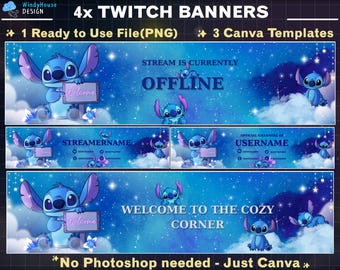 4x Cute  Stitch Banner Twitch , Banner for Twitch, Youtube, and Discord, Editable Canva Template, Graphics For Streamers
