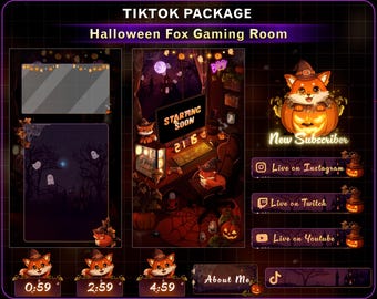 TIKTOK Stream Package Halloween Fox Gaming Room, Cute Fox Pumpkin Animated Vertical Overlay for OBS & TikTok Live Studio
