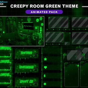 Animated Full Stream Package Creepy Room Green Theme, Halloween Room Twitch Overlay, Spooky Twitch Overlay with Zombie, Ghost, Bat, Skull...