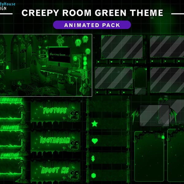 Animated Full Stream Package Creepy Room Green Theme, Halloween Room Twitch Overlay, Spooky Twitch Overlay with Zombie, Ghost, Bat, Skull...