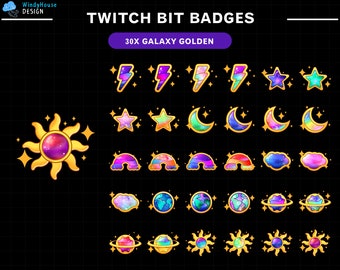 Twitch Bit Badges Gold Galaxy Planet Collection / Twitch Sub Badges Cosmic Sparkle Space Collection / Starry Theme / Moon / Stars