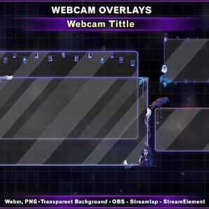 May include: Webcam overlays with a dark purple and black theme. The design includes transparent rectangles with a diagonal striped pattern, outlined in purple. Decorative elements include a ghost, a raven, and other spooky accents. Text at the top reads "Webcam Overlays" and "Webcam Tittle".