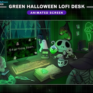 Animated Stream Screen Halloween Desk with Green Theme , Animated Spooky Room Twitch Overlay with Spider, Ghost, Skull...