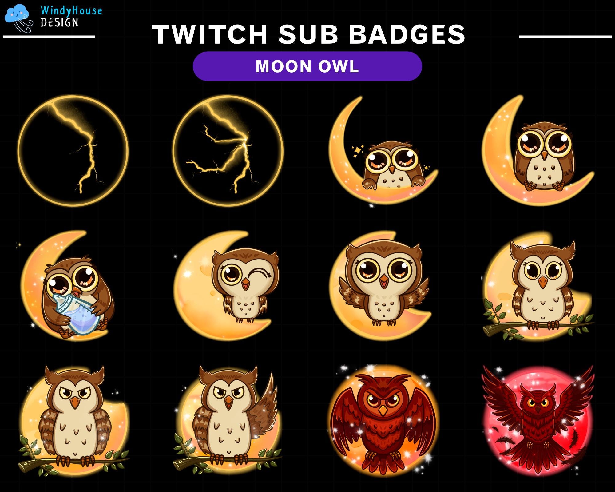 Moon Owl Twitch Sub Badges, Cute Owls Evolving Badges with Moon Phases for Streamers