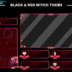 May include: Black and red Twitch stream overlay with a witch theme. The overlay has a large center panel with a diagonal striped pattern, a top banner, and three smaller panels below the center panel. The smaller panels have icons of a heart, a dollar sign, and a diamond.