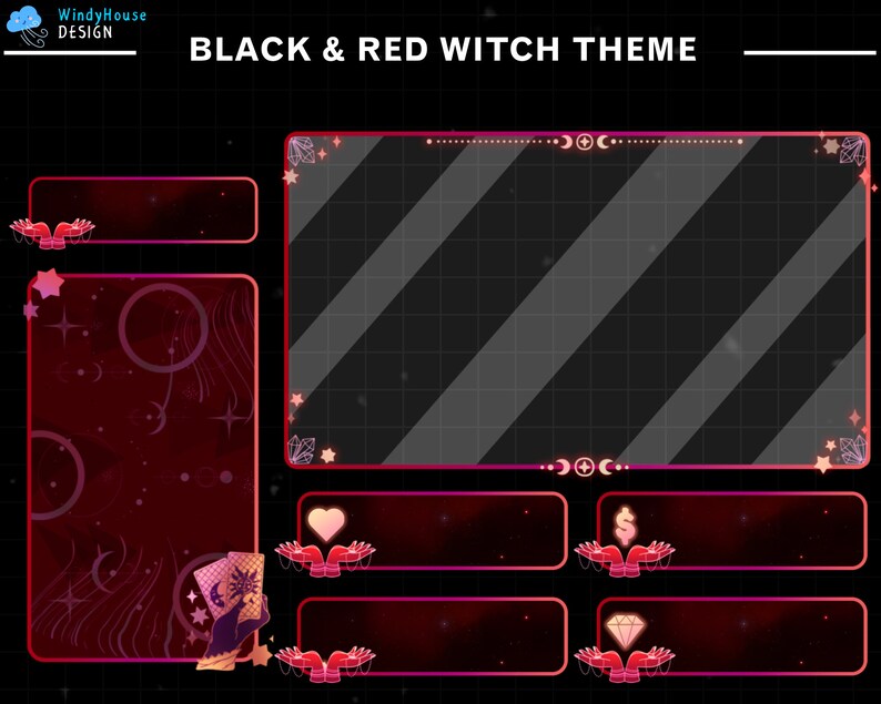 May include: Black and red Twitch stream overlay with a witch theme. The overlay has a large center panel with a diagonal striped pattern, a top banner, and three smaller panels below the center panel. The smaller panels have icons of a heart, a dollar sign, and a diamond.