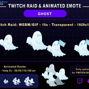 Puede incluir: Emoticonos de fantasmas animados para Twitch y Discord. La imagen muestra una serie de ilustraciones de fantasmas de color azul claro con la palabra "RAID" en una bandera. El texto indica que los emoticonos están optimizados para Twitch y Discord.