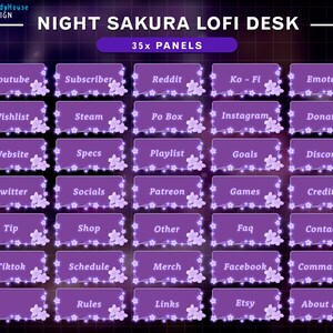 May include: A set of 35 purple Twitch stream panels with white text and a pink cherry blossom border. The panels include titles such as "Youtube", "Wishlist", "Website", "Twitter", "Tip", "Tiktok", "Rules", "Links", "Etsy", and "About Me".
