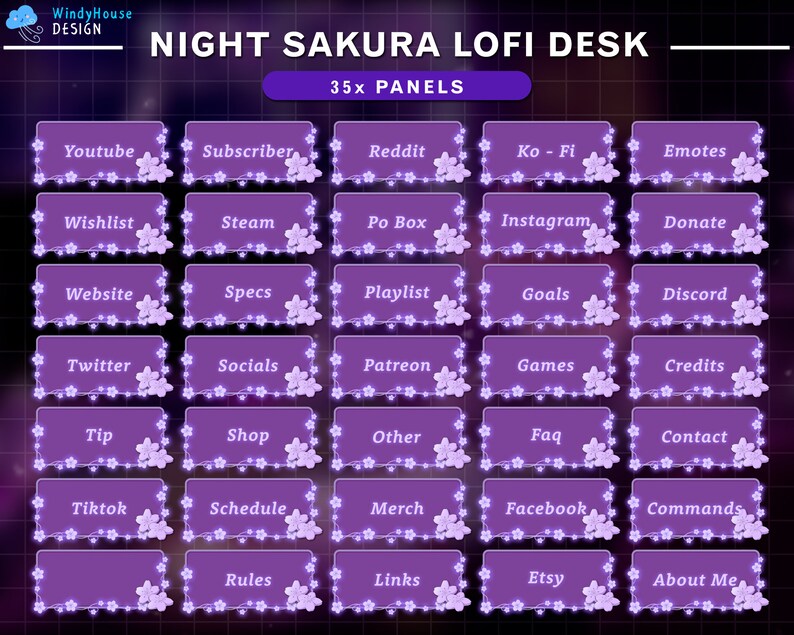 May include: A set of 35 purple Twitch stream panels with white text and a pink cherry blossom border. The panels include titles such as "Youtube", "Wishlist", "Website", "Twitter", "Tip", "Tiktok", "Rules", "Links", "Etsy", and "About Me".