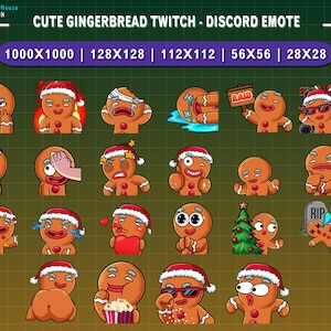 Pode incluir: Uma coleção de emotes de homem de gengibre para Twitch e Discord. Cada homem de gengibre tem uma expressão única, usando chapéus de Papai Noel, óculos de sol ou segurando objetos como uma xícara de café ou uma árvore de Natal. O texto "CUTE GINGERBREAD TWITCH - DISCORD EMOTE" está incluído.