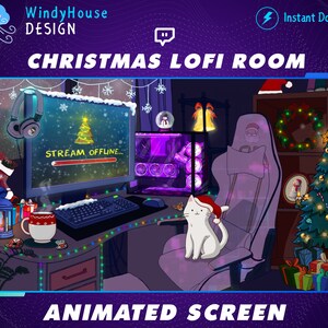 Puede incluir: Una habitaci&oacute;n lofi con tem&aacute;tica navide&ntilde;a con una pantalla de ordenador que muestra un mensaje de transmisi&oacute;n fuera de l&iacute;nea, una silla de juego, un &aacute;rbol de Navidad y un gato blanco sentado en la silla. La habitaci&oacute;n est&aacute; decorada con luces y adornos navide&ntilde;os.