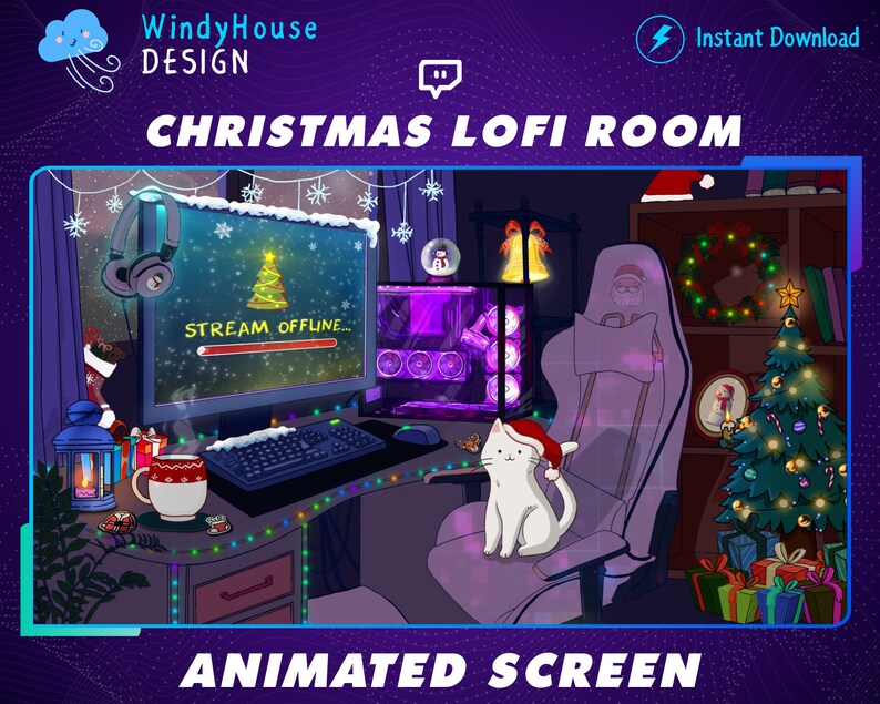Puede incluir: Una habitaci&oacute;n lofi con tem&aacute;tica navide&ntilde;a con una pantalla de ordenador que muestra un mensaje de transmisi&oacute;n fuera de l&iacute;nea, una silla de juego, un &aacute;rbol de Navidad y un gato blanco sentado en la silla. La habitaci&oacute;n est&aacute; decorada con luces y adornos navide&ntilde;os.
