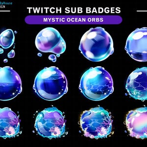 Peut inclure: Un ensemble de 12 badges d'abonnement Twitch représentant des orbes bleus, violets et roses avec des motifs sur le thème de l'océan. Les orbes ont un effet lumineux et certains présentent des coraux et des coquillages. Le texte "TWITCH SUB BADGES" et "MYSTIC OCEAN ORBS" est affiché en haut de l'image.