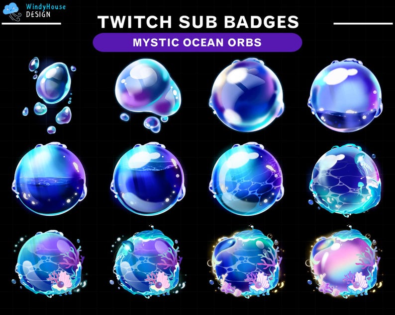 Op de afbeelding: Een set van 12 Twitch-abonnement badges met blauwe, paarse en roze bollen met oceaan-thema's. De bollen hebben een gloeiend effect en sommige bevatten koraal en schelpen. De tekst "TWITCH SUB BADGES" en "MYSTIC OCEAN ORBS" wordt bovenaan de afbeelding weergegeven.
