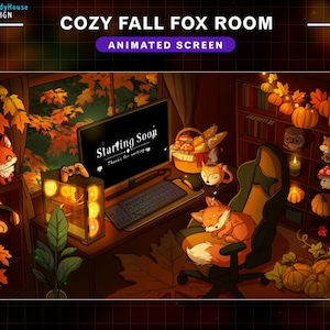 Animierter Twitch-Bildschirm, Herbst-Overlay mit Fuchs, Kürbis, Ahornblatt, Pilz, Kaffee ...