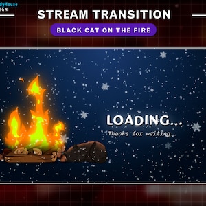Animated Stream Transition Black Cat on the Fire, Winter Twitch OBS Scenes Stinger, Twitch Transition with Snow Falling