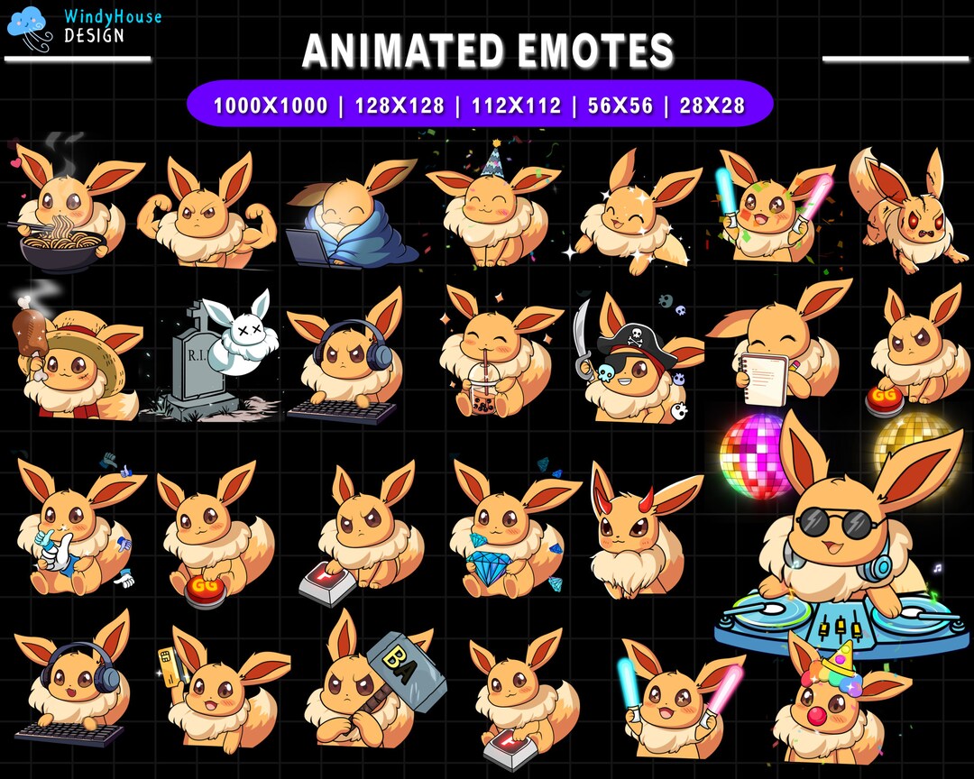 26x Emotes Twitch Eevee animados, Decoração de fluxo, Emotes Eevee ...